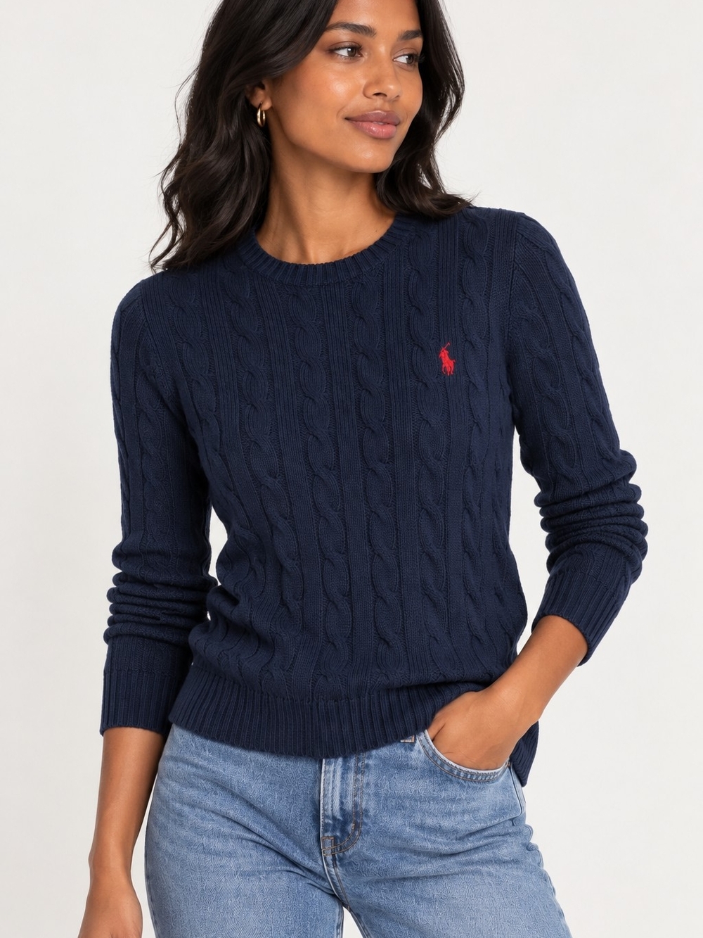 Polo Ralph Lauren Women’s Cable Knit Sweater Navy Red Pony Cotton Size S